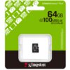 Opakowanie karty pamięci microSDXC o pojemności 64GB z serii Canvas Select Plus, z prędkością do 100MB/s, umieszczone na zielono-czarnym tle z logo Kingston Technology. Na opakowaniu znajdują się ikony wskazujące na kompatybilność z urządzeniami Full HD o