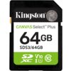 Na zdjęciu widoczna jest karta pamięci z napisem "Kingston CANVAS Select Plus 64GB SDS3/64GB". Na dole znajdują się oznaczenia "SDXC", "V10", "U1" oraz "C10" na zielonym tle.