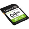 Czarna karta pamięci z białą i zieloną etykietą, na której widnieje tekst: "Kingston CANVAS Select Plus 64GB SDS3/64GB SDXC V10 I U1 C10".