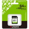 Opakowanie karty pamięci z napisem "CANVAS Select Plus" oraz "64GB" i "UP TO 100MB/s". Na dole widoczne jest logo "Kingston Technology".