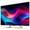 Przedstawiony jest telewizor z dużym ekranem, na którym widoczne są dynamiczne, kolorowe fale w odcieniach czerwieni, różu i niebieskiego. Telewizor stoi na metalowej podstawie, a jego ramka jest cienka i elegancka.