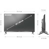 Telewizor marki SHARP o przekątnej ekranu 24 cale (60 cm) z widocznymi wymiarami: szerokość 53,5 cm, wysokość 31,8 cm, głębokość 7,5 cm, szerokość podstawy 49,4 cm, wysokość z podstawą 36,4 cm, głębokość z podstawą 17,9 cm. Na ekranie znajduje się logo "S