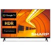 Telewizor z wyświetlaczem pokazującym pomarańczowy tunel z oświetleniem, z widocznymi napisami: "Google TV", "HDR", "Frameless" oraz logo "SHARP".