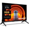 Telewizor z wyświetlaczem pokazującym osobę w pomarańczowym tunelu świetlnym, z widocznymi napisami: "Powered by TiVo", "HDR", "Frameless" oraz logo "SHARP". Produkt ma nowoczesny design z cienkimi ramkami i stoi na dwóch nóżkach.