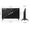 Telewizor SHARP 24HE2745E 24" LED TiVo OS jest przedstawiony z przodu i z boku, z wymiarami: szerokość 53,5 cm, wysokość 32,2 cm, głębokość 7,5 cm, wysokość z podstawą 36,9 cm, szerokość podstawy 49,2 cm, głębokość podstawy 21,6 cm. Na ekranie widoczny je