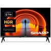Telewizor z wyświetlaczem pokazującym osobę w pomarańczowym, świetlistym tunelu, z widocznymi napisami: "Powered by TiVo", "HDR", "Frameless" oraz logo "SHARP".