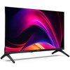 Telewizor z cienką ramką i dwoma nóżkami, wyświetlający kolorową grafikę z dominującymi odcieniami różu i fioletu. Na dolnej ramce widoczne są napisy "AQUOS" i "SHARP".
