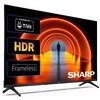 Telewizor z wyświetlaczem pokazującym osobę w tunelu z pomarańczowymi łukami świetlnymi. Na ekranie widoczne są napisy: "Powered by TiVo", "HDR", "Frameless" oraz logo "SHARP".