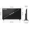 Telewizor marki SHARP o przekątnej ekranu 32 cale (81 cm) z wymiarami 71,5 cm szerokości, 42,3 cm wysokości i 8,0 cm głębokości. Widoczne są również wymiary podstawy: 63,3 cm szerokości i 17,9 cm głębokości, a wysokość z podstawą wynosi 46,7 cm.
