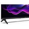 Na zdjęciu widoczny jest dolny róg telewizora z wyświetlanym abstrakcyjnym wzorem w odcieniach fioletu i różu. Na ramce telewizora znajdują się napisy "AQUOS" i "SHARP".