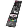 Na zdjęciu znajduje się czarny pilot z przyciskami, w tym dedykowanymi do aplikacji takich jak Netflix, Prime Video, YouTube i Disney+. Na dole pilota widoczne jest logo "AQUOS SHARP".