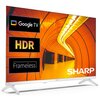 Na zdjęciu widoczny jest telewizor z wyświetlaczem prezentującym pomarańczowy tunel, z napisami: "Google TV", "HDR", "Frameless" oraz logo "SHARP". Telewizor ma cienką ramkę i stoi na dwóch białych nóżkach.
