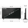 Telewizor marki SHARP o przekątnej ekranu 40 cali (101 cm) z systemem operacyjnym TiVo OS, przedstawiony z przodu i z boku, z wymiarami: szerokość 89,2 cm, wysokość 51,2 cm, głębokość 8,4 cm, szerokość podstawy 76,3 cm, wysokość z podstawą 55,9 cm, głębok