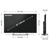 Telewizor marki SHARP o przekątnej ekranu 43 cale (108 cm) z widocznymi wymiarami: szerokość 95,7 cm, wysokość 55,6 cm, głębokość 21,9 cm, oraz grubość 8,2 cm. Na ekranie znajduje się logo "SHARP", a poniżej widoczny jest napis "43" / 108 cm".