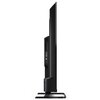 Telewizor SHARP 43HP6765E 43" QLED 4K Google TV jest widoczny z profilu, ukazując smukłą konstrukcję i porty z tyłu obudowy. Produkt stoi na prostokątnej podstawie.