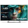 Telewizor SHARP 43HP6765E 43" QLED 4K Google TV z technologią Dolby Atmos i Dolby Vision, z widocznymi logo QLED, Google TV oraz Dolby Vision-Atmos. Na ekranie wyświetlony jest obraz przedstawiający twarz osoby z zielonymi i pomarańczowymi akcentami, a w 