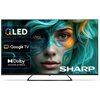 Telewizor z wyświetlaczem pokazującym twarz osoby z zielono-niebieskim makijażem, obok widoczne są logotypy: "QLED", "Google TV", "Dolby Vision-Atmos" oraz napis "SHARP".