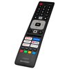 Czarny pilot z przyciskami numerycznymi, nawigacyjnymi oraz dedykowanymi do aplikacji takich jak Netflix, Prime Video, Live TV, YouTube i SHARP. Na dole pilota widoczne jest logo "AQUOS SHARP".