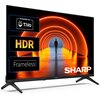 Telewizor z wyświetlaczem pokazującym osobę w pomarańczowym, świetlistym tunelu, z widocznymi napisami: "Powered by TiVo", "HDR", "Frameless" oraz logo "SHARP".