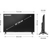Telewizor SHARP z ekranem o przekątnej 32 cale (81 cm) jest przedstawiony z przodu i z boku, z widocznymi wymiarami: szerokość 71,5 cm, wysokość 42,6 cm, głębokość 8,2 cm, szerokość podstawy 63,3 cm, wysokość z podstawą 47,3 cm, głębokość z podstawą 21,6 