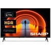 Telewizor z wyświetlaczem pokazującym osobę idącą przez tunel oświetlony pomarańczowymi łukami, z widocznymi napisami: "Powered by TiVo", "HDR", "Frameless" oraz logo "SHARP".