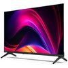 Telewizor z cienką ramką i dwoma nóżkami, wyświetlający kolorową grafikę z dominującymi odcieniami różu i fioletu. Na dolnej ramce widoczny jest napis "SHARP".