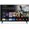Telewizor wyświetla ekran główny z aplikacjami takimi jak Netflix, Disney+, YouTube, Prime Video, Max, Rakuten TV, DAZN i Pluto TV. Na ekranie widoczny jest opis filmu "The Pillagers" oraz lista popularnych tytułów, w tym "Soft Landing", "Assault Team" i 