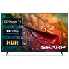 Telewizor z wyświetlaczem pokazującym zbliżenie na kolorowe liście z kroplami wody, z widocznymi napisami: "Google TV", "Dolby Vision-Atmos", "HDR" oraz logo "SHARP".