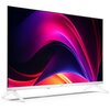 Telewizor z cienką ramką i białymi nóżkami wyświetla kolorową grafikę z dominującymi odcieniami różu, fioletu i czerwieni. Na dolnej ramce widoczne jest logo "SHARP".