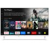 Telewizor wyświetla ekran z interfejsem użytkownika, na którym widoczny jest opis serialu "The Pillagers" oraz lista aplikacji takich jak Netflix, Disney+, YouTube, Prime Video, HBO Max, Rakuten TV, DAZN i Pluto TV. Na dole ekranu znajduje się logo "SHARP
