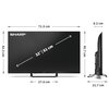 Telewizor SHARP 32HF3865E 32" QLED Google OS jest przedstawiony z przodu i z boku, z wymiarami: szerokość 71,5 cm, wysokość 42,3 cm, głębokość 8,2 cm, a przekątna ekranu wynosi 32 cale (81 cm). Widoczne są również wymiary podstawy: 27,0 cm szerokości i 21