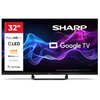 Telewizor marki SHARP z ekranem 32" wyświetla kolorowe fale na czarnym tle, z widocznymi napisami: "FULL HD TV", "QLED", "HDR", "Dolby Audio", "Frameless", "Hey Google" oraz "Google TV". Na ekranie znajduje się również logo SHARP.