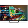 Telewizor wyświetla kolorowy obraz kameleona, z widocznymi napisami: "QLED", "Google TV", "HDR" oraz logo "SHARP".
