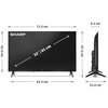 Telewizor marki SHARP o przekątnej ekranu 32 cale (81 cm) z widocznymi wymiarami: szerokość 71,5 cm, wysokość 42,6 cm, głębokość 21,6 cm, oraz grubość 8,2 cm. Na ekranie znajduje się logo "SHARP" oraz oznaczenie przekątnej "32" / 81 cm".