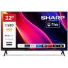 Telewizor SHARP 32HE3745E 32" LED TiVo OS z kolorowym tłem i logo "SHARP POWERED BY TiVo" na ekranie, po lewej stronie widoczne są oznaczenia: "32"", "LED", "HDR High Dynamic Range", "Dolby Audio", "Frameless", "HDMI ARC/CEC". Na dole ekranu znajdują się 