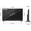 Na zdjęciu widoczny jest telewizor z logo "SHARP" w lewym górnym rogu ekranu, z wymiarami: szerokość 71,5 cm, wysokość 42,3 cm, głębokość 8,0 cm, oraz przekątną ekranu 32 cale (81 cm). Obok telewizora pokazany jest jego profil boczny z wymiarami wysokości