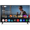 Na zdjęciu widoczny jest ekran telewizora z interfejsem Google TV, na którym wyświetlana jest aplikacja YouTube z filmem "Oppenheimer" oraz różne aplikacje takie jak Netflix, YouTube, Prime Video, Disney+, Apple TV, Viki Rakuten, Max i Spotify. Na dole ek