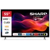 Telewizor SHARP 55HM5745E 55" QLED 4K z technologią Tivo TV, Dolby Atmos i Dolby Vision, posiadający HDMI 2.1. Na ekranie widoczne są logotypy aplikacji takich jak Netflix, Disney+, YouTube, Prime Video, HBO Max, Rakuten TV, DAZN i Pluto TV.