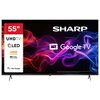 Telewizor marki SHARP z ekranem 55 cali, wyświetlający kolorowe, abstrakcyjne wzory, z logo Google TV na ekranie. Po lewej stronie widoczne są oznaczenia: UHD TV, QLED, HDR, Dolby Vision Atmos oraz Hey Google.