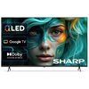 Telewizor z wyświetlaczem pokazującym twarz osoby z zielono-niebieskim makijażem i włosami, obok widoczne są logotypy: "QLED", "Google TV", "Dolby Vision·Atmos". Na dole ekranu znajduje się logo "SHARP".