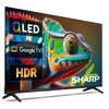Na zdjęciu widoczny jest telewizor z kolorowym obrazem kameleona na ekranie, z logo "SHARP" w dolnym rogu. Na ekranie znajdują się napisy: "QLED", "Google TV" oraz "HDR".