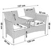 Na ilustracji znajduje się schemat ławki ogrodowej z wymiarami: szerokość 137 cm, wysokość 85 cm, głębokość 54 cm, wysokość siedziska 46 cm, szerokość siedziska 48 cm, wysokość oparcia 42 cm, szerokość stolika 47 cm, wysokość stolika 22 cm, szerokość podł
