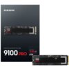 Na zdjęciu znajduje się opakowanie dysku SSD z widocznym napisem "SAMSUNG 9100 PRO" oraz specyfikacją "PCIe® 5.0 x4 NVMe™ M.2 SSD", "Read Speed 14,800 up to MB/s", "8TB". Obok opakowania leży sam dysk z napisem "SAMSUNG 9100 PRO 8TB".