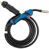 Czarny kabel z miedzianą końcówką, zwinięty w okrąg, z widocznym napisem na złączu: "DKJ 10-25BL 35-50A". Kabel jest częścią wyposażenia spawarki inwertorowej.