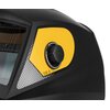 Zdjęcie przedstawia wnętrze przyłbicy spawalniczej z widocznym panelem sterującym. Na panelu znajduje się tekst: "AUTO-DARKENING FILTER", "Model: HELMET 2000-E", "CSA Z94.3", "ANSI/ISEA Z87.1", "AWF W4/W9-W13", "45-1/3/4/5/9-13/9-13", "2024082019", oraz s