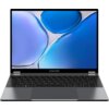 Laptop z otwartym ekranem, na którym widoczna jest abstrakcyjna grafika z niebieskimi i fioletowymi kształtami. Na dolnej ramce ekranu znajduje się logo "CHUWI".