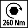 Czarno-biała ikona przedstawia sześciokąt z okręgiem i strzałką wokół niego, a poniżej znajduje się napis "260 Nm".