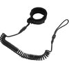 Czarny, spiralny leash do deski surfingowej z regulowanym zapięciem na rzep. Produkt wykonany z tworzywa sztucznego, z pętlą na jednym końcu.