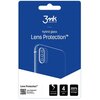 Niebieskie opakowanie produktu z białym logo "3mk Protection" oraz napisem "hybrid glass Lens Protection™". Na dole opakowania znajdują się ikony z napisami: "unbreakable", "4 pcs.", "200% stronger" oraz kod QR z tekstem "Lens Protection™ How to install: 