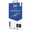 Opakowanie produktu "3mk Protection FlexibleGlass Lite" przedstawia grafikę telefonu z nałożonym szkłem ochronnym. Na opakowaniu znajdują się napisy: "basic protection", "Your screen 200% stronger", "FIT-IN™ technology" oraz logotypy certyfikatów PZH, ROH